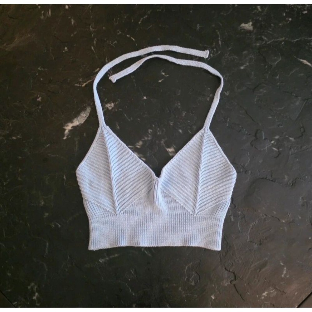 Vintage Benetton Made in Italy Y2K Cotton Knit Halter Crop Top Blue Womens S